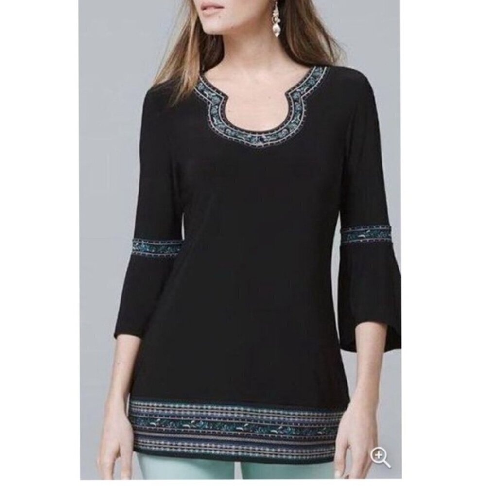 White House Black Market Black Embroidered Bell sleeve Tunic/Dress, SIze Medium